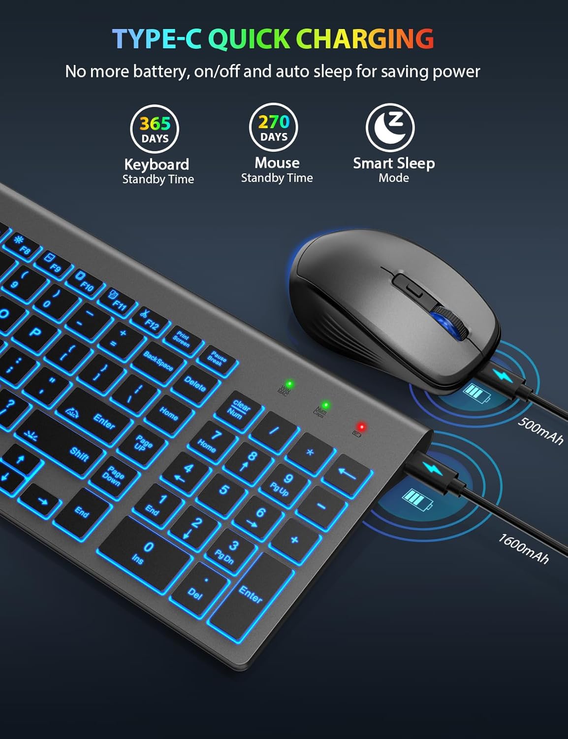 Wireless Backlit Keyboard Mouse Combo, Rechargeable, Slim - Image 4